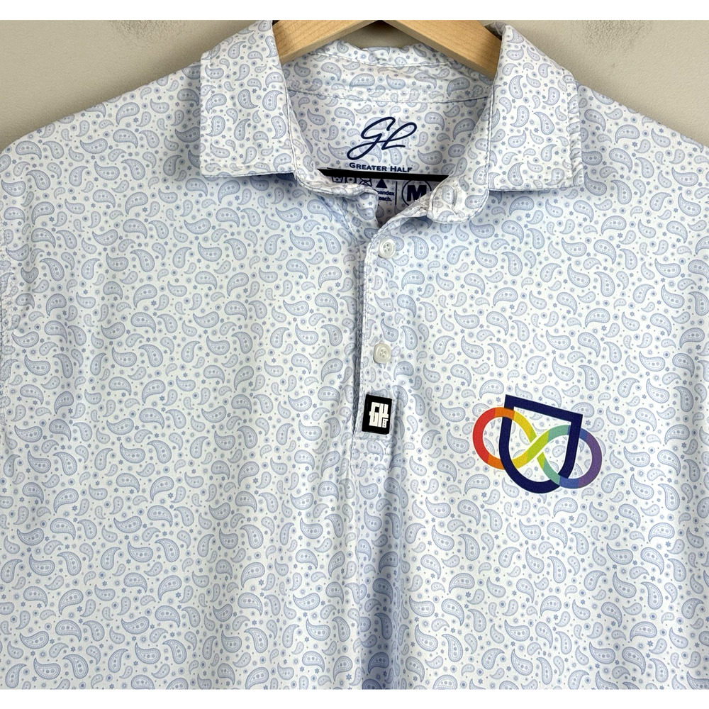 Greater Half Polo Shirt Mens M White Blue Paisley‎ Golf Performance Active Logo